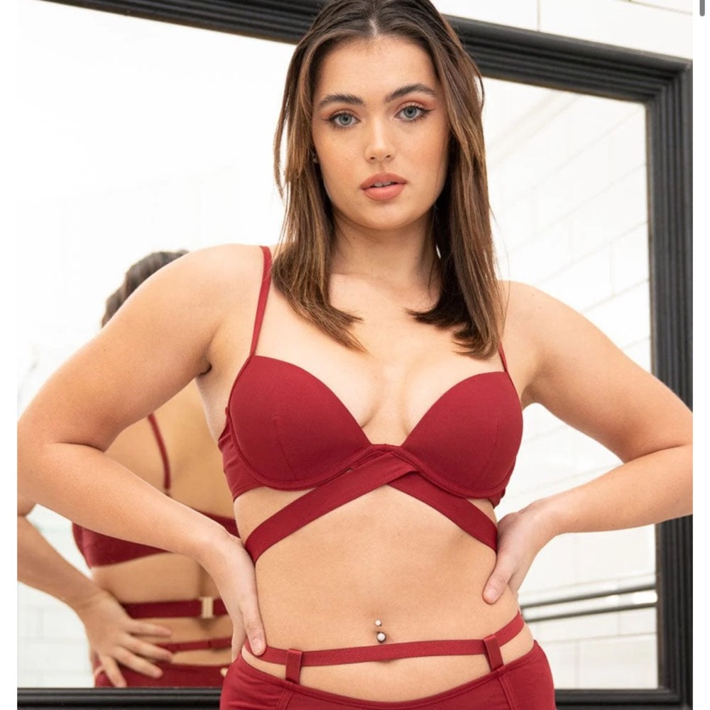 LunaLae Lilah Bra Strappy Pole Dance Top Wine Burgundy Maroon Dark Red